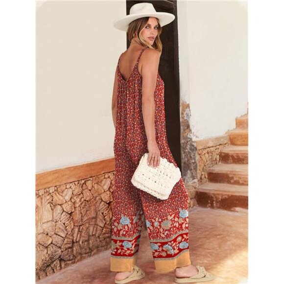 Women Summer Casual Boho Wide Leg Jumpsuits Floral Red - Picture 3 of 6